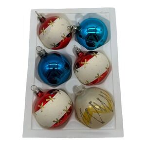 VTG Box of 6‎ Glass Christmas Tree Ornaments Round Balls Stenciled Solid